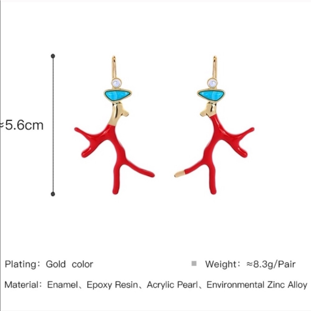 NWT Coral Drop Earrings | Red + Turquoise + Gold - Picture 7 of 8